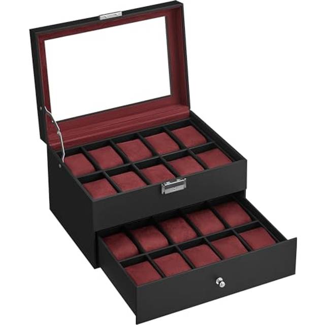 SONGMICS Watch Box, 28.5x20.5x16cm, Black + Wine Red