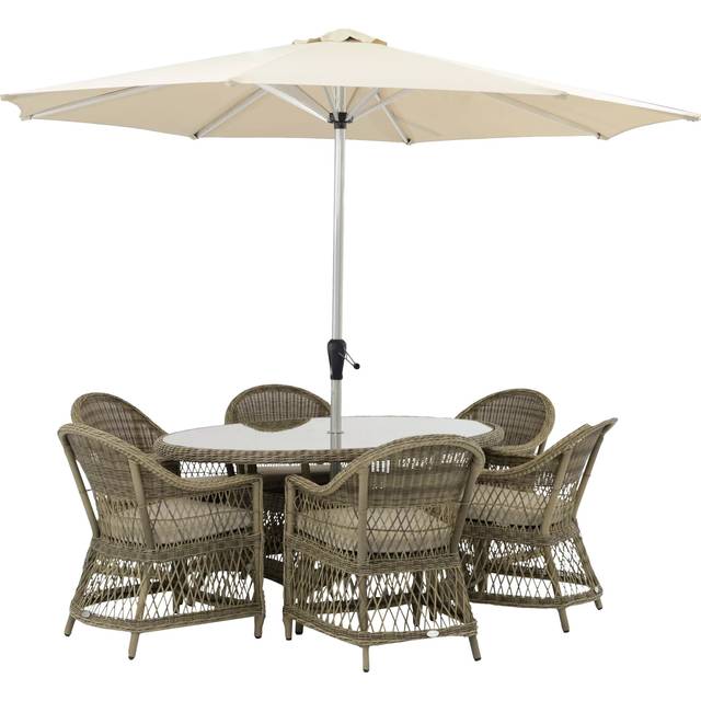 Bramblecrest RHS Rosemoor 6-Seater Ellipsis Garden Dining Table & Chairs Set with Parasol, Latte