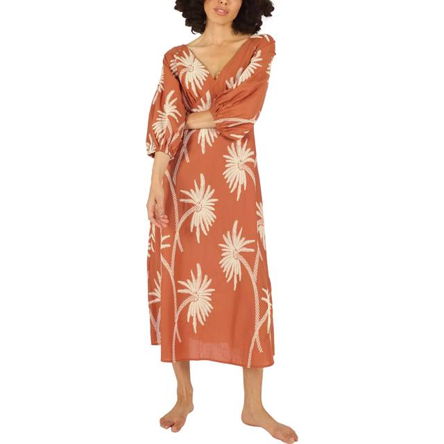Traffic People Gloria Palm Tree Embroidered Cotton Midi Dress, Rust/White