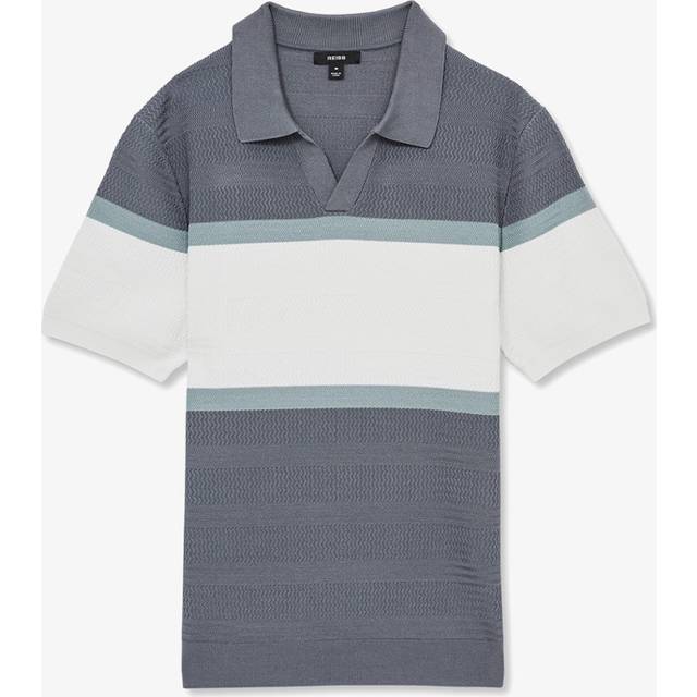 Reiss Jefferson Stripe Collar V-Neck Polo Shirt, Airforce Blue