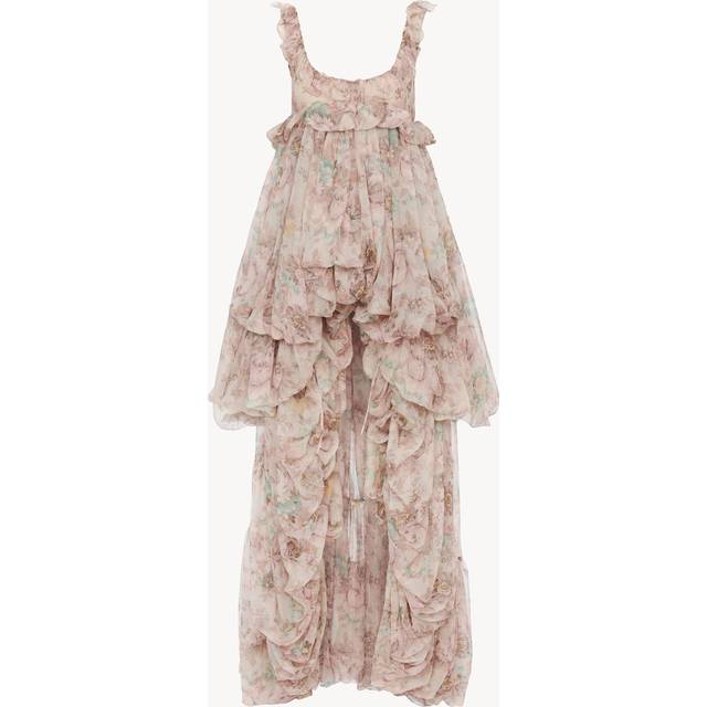 Floral Ruffle Tiered High-Low Balloon Babydoll Dress - MUDDY GREY - 36 FR (4 US)