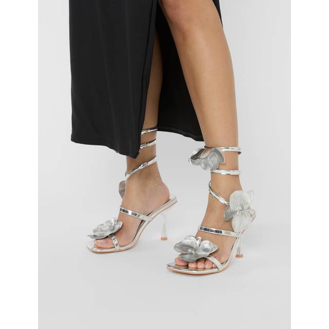 Lotus Silver Mirror & Silver Flower Trim Wrap Around Flared Stiletto High Heels - silver