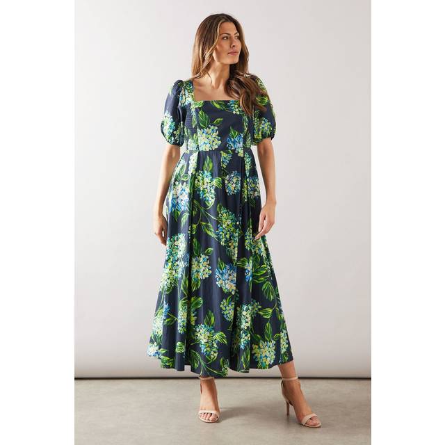 Womens Floral Cotton Fit & Flare Midi Dress - Black - 10