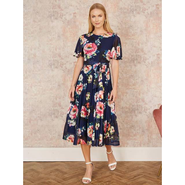 Yumi Navy Mesh Floral Print Midi Dress With Angel Sleeves - Size 14 UK - Yumi