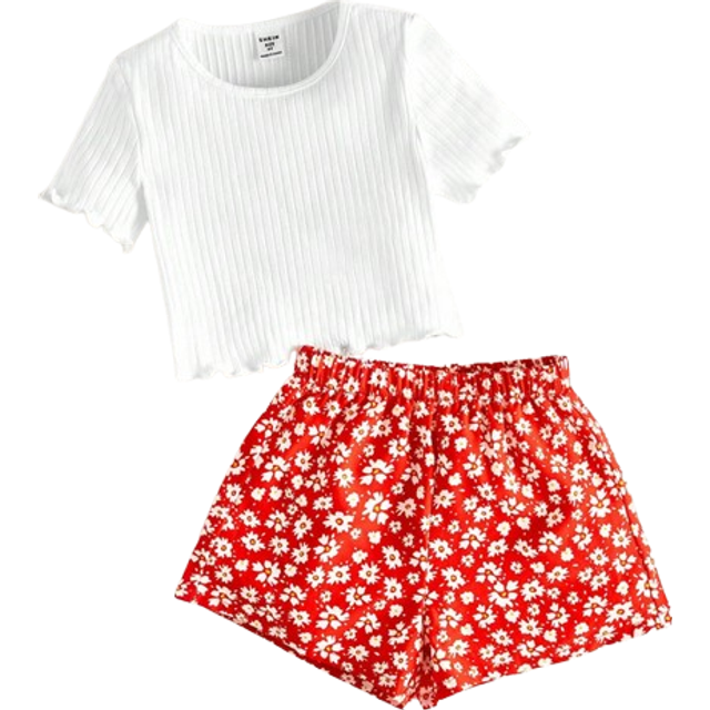 SHEIN 2pcs/Set Young Girl Solid Color Ruffle Trim T-Shirt And Ditsy Floral Shorts Set