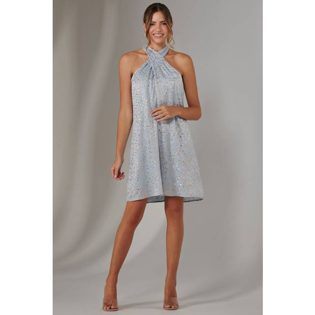 Jolie Moi Metallic Print Halter Neck Tie Mini Dress
