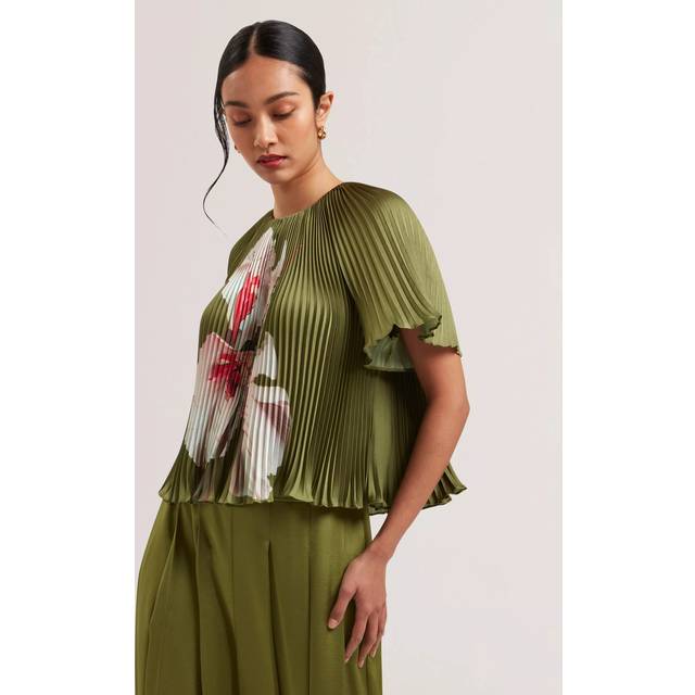 Ted Baker Lionaa Floral Pleated Short Sleeve Blouse, Green/Multi