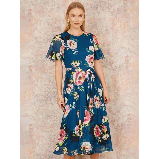 Yumi Green Mesh Floral Midi Dress With Angel Sleeves - Size 8 UK - Yumi