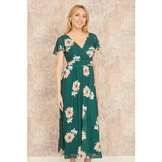 Yumi Green Mesh Flower Wrap Midi Dress With Pockets - Size 10 UK - Yumi