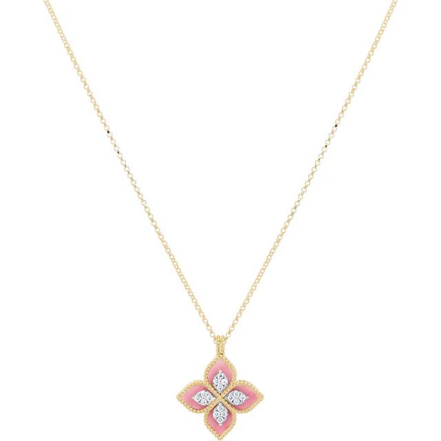 Roberto Coin 18ct Yellow Gold 0.18ct Diamond, Ruby & Rhodonite Princess Flower Necklace