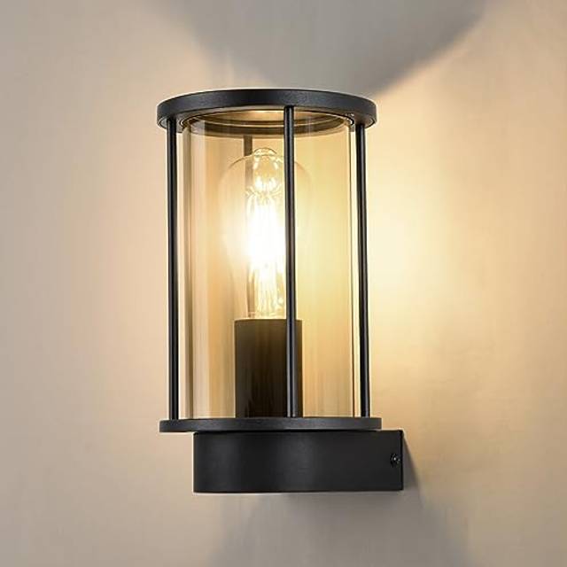 BRIMMEL Outdoor Wall Lights Waterproof Anti-Rust Wall Lamp Aluminium Matte Black Garden Wall Sconce Mains Powered E27 Base Glass Outside Lantern for