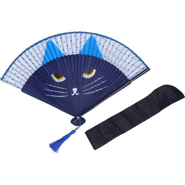 Cartoon Cat Folding Fan Women Handheld Decorative Japanese Vintage Bamboo with Tassel Case for blue