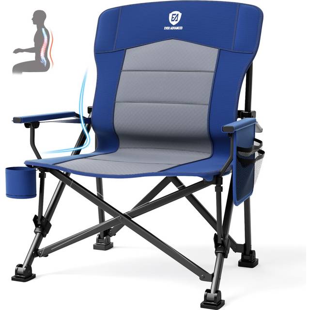 EVER ADVANCED Oversized Folding Camping Chair for Adults with Adjustable Lumbar Support, Heavy Duty Chair with Side Pockets, Portable Collapsible Quad