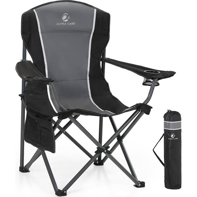 ALPHA CAMP Oversized Camping Folding Portable Chair Heavy Duty Steel Frame Support 160kg Arm Chair with Cup Holder Quad Lumbar Back Chair for Outdoor/