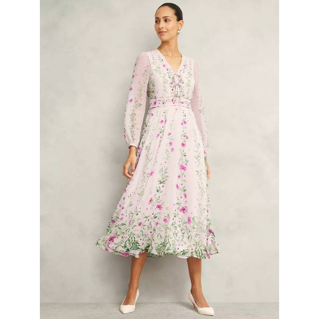 Hobbs Petite Fay Floral Pure Silk Dress, Pink/Multi