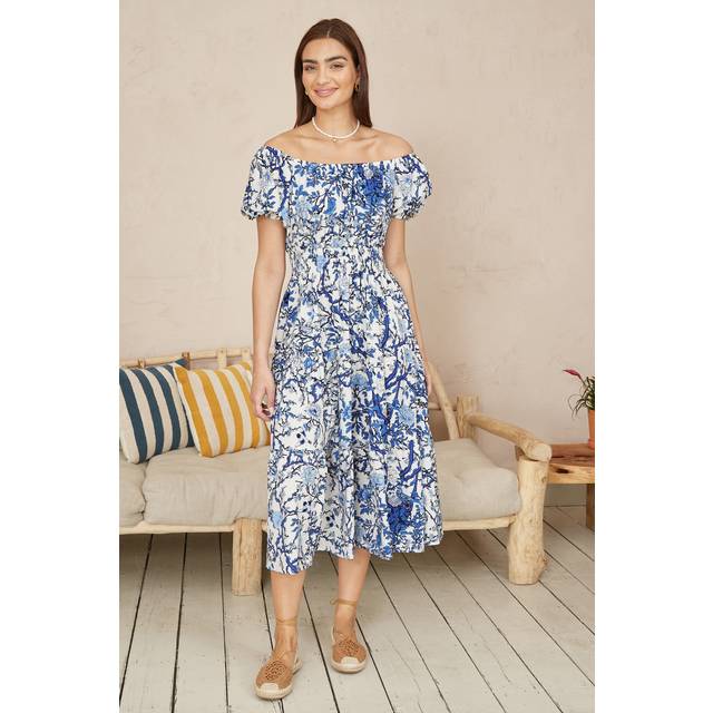 Yumi Blue Ruched Waist Bardot Blossom Tree Print Midi Dress - Size 10 UK - Yumi