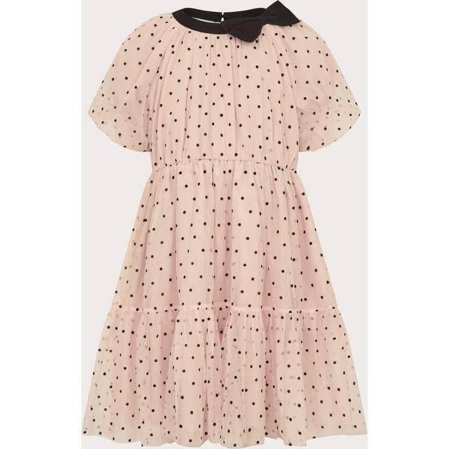 Monsoon Kids' Bow Neck Spotty Tulle Tiered Dress, Pink