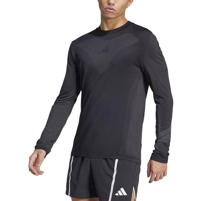 adidas Slim Fit Seamless Long Sleeve T-Shirt, Black/Grey Six