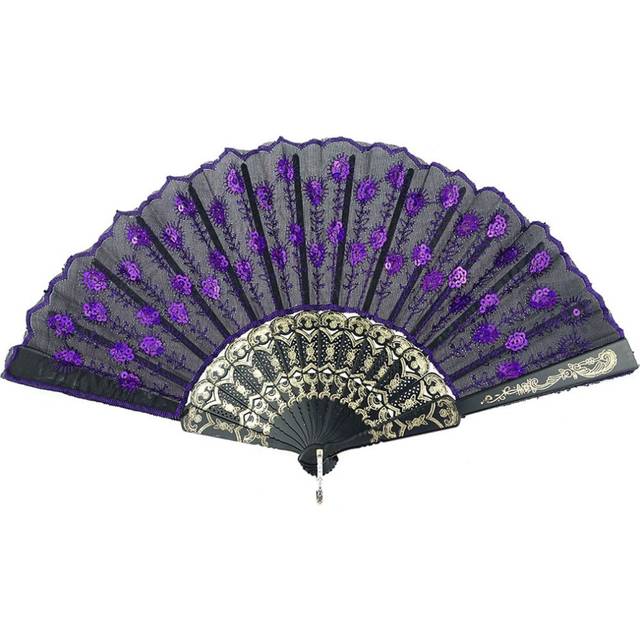 INNOLIFE Elegant Colorful Embroidered Flower Peacock Pattern Sequin Fabric Folding Handheld Hand Fan Hand-Crafted (Purple)