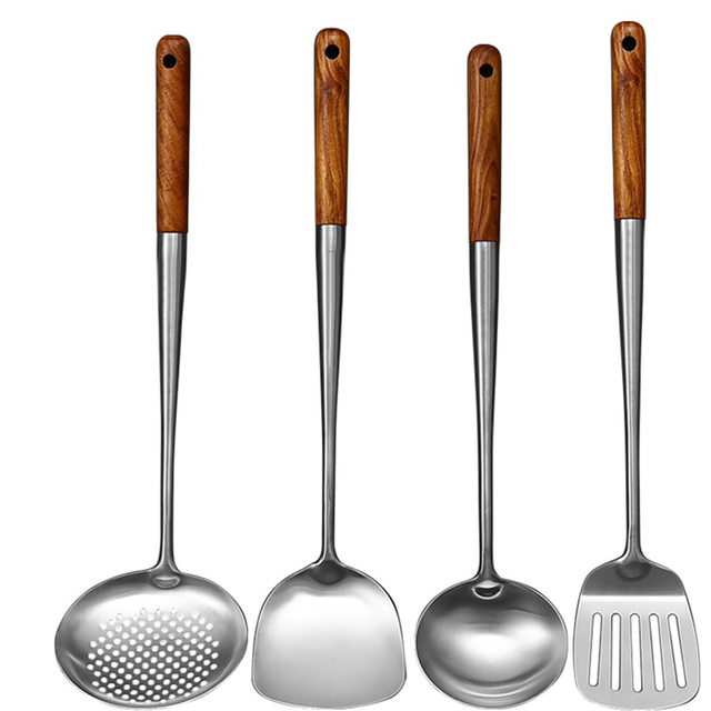 Long Handle Stainless Steel Wok Spatula Kitchen Slotted Turner Set