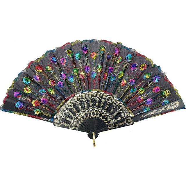 INNOLIFE Elegant Colorful Embroidered Flower Peacock Pattern Sequin Fabric Folding Handheld Hand Fan Hand-Crafted Multi-Color