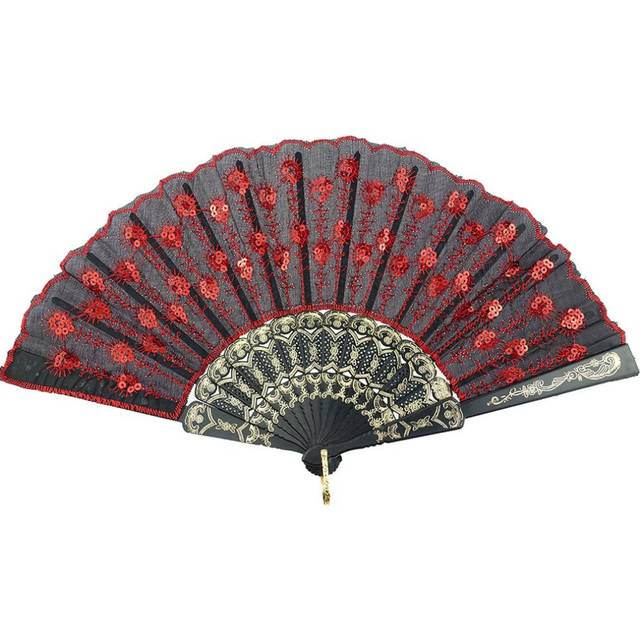 Innolife Elegant Colorful Embroidered Flower Peacock Pattern Sequin Fabric Folding Handheld Hand Fan Hand-Crafted (Red)
