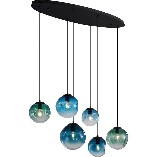 Art Deco Pendant Lamp Black with Oval Ceiling Plate and Green and Blue Glass 6-Lights - Douglass