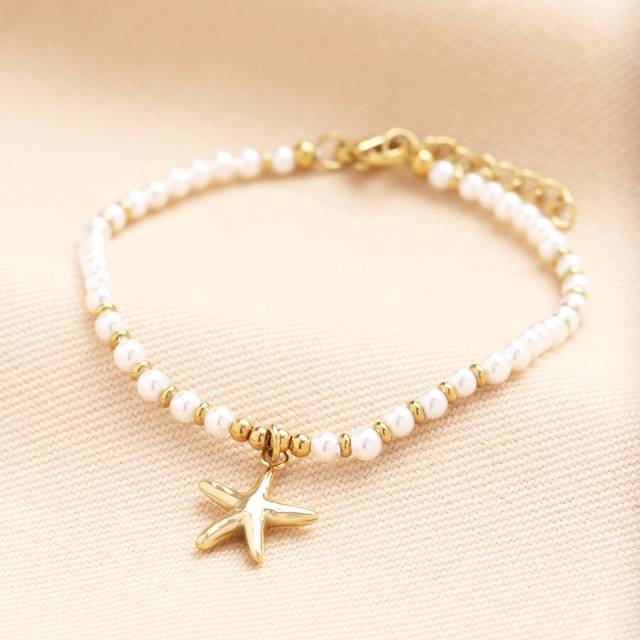 Stainless Steel Beaded Pearl Starfish Charm Bracelet in Gold - gold/white - one size