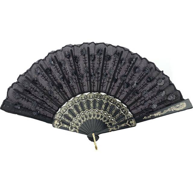 Innolife Elegant Embroidered Flower Peacock Pattern Sequin Fabric Folding Handheld Hand Fan Hand-Crafted (Black)