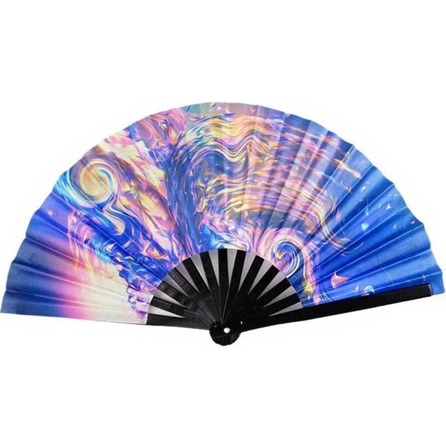 (A36) 33cm Large Folding Hand Rave Fan, Gradient Colorful Reflective Foldable Fan