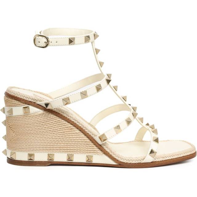 Valentino Garavani - 80mm Rockstud wedge sandals - women - Calf Leather/Jute/Calf Leather/Calf Leather - 38 - Neutrals