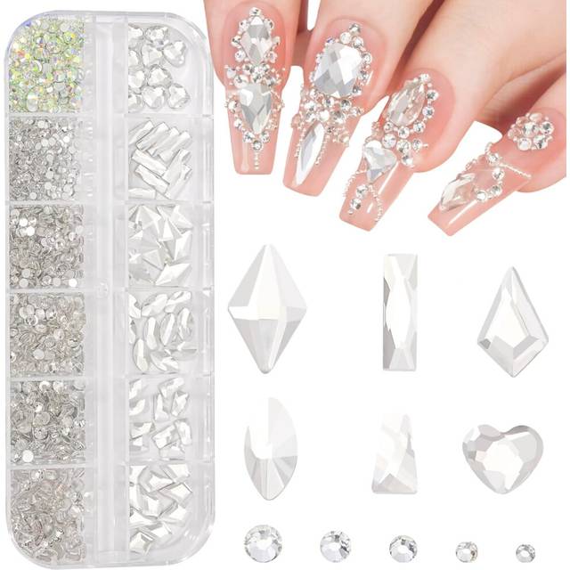Multi Shapes White 3D Glass Crystal Nail Art Rhinestones Kit with 0.8mm Round Bead Charm Flatback Gem Stone Jewelry Diamond