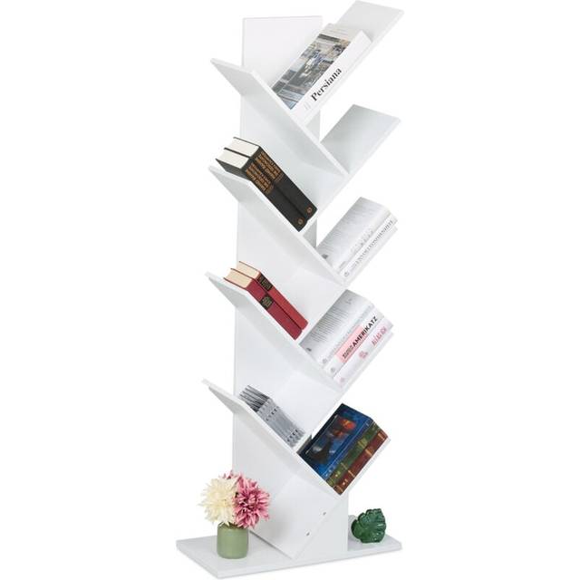 Tree Bookshelf, 9-Tier Bookcase, hwd: 138 x 51 x 25 cm, Storage for Books & CDs, Free-Standing Shelves, White - Relaxdays