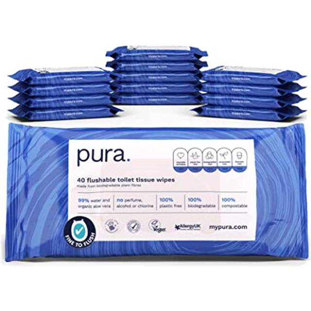 Pura Flushable Moist Toilet Tissue Wipes 14 x 40 wipes per pack 100% Plastic Free Fine to Flush Biodegradable Compostable Vegan Gentle Clean Wet Wipes