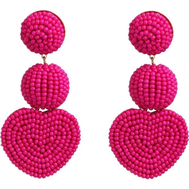 Round Love Rice Beads Pendant Big Earrings Wedding Ladies Pink