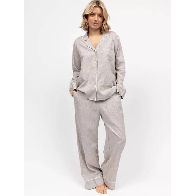 Cyberjammies Linen Blend Shirt Long Pyjama Set, Mocha