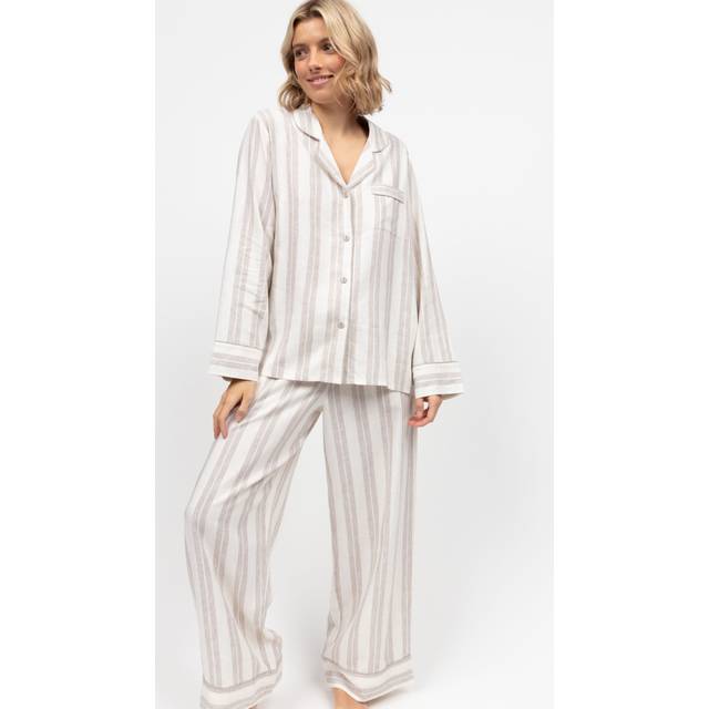 Cyberjammies Stripe Linen Blend Shirt Long Pyjama Set, Mocha