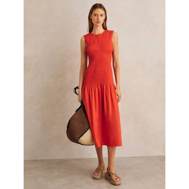 Reiss Petite Annabel Shirred Detail Midi Dress, Red