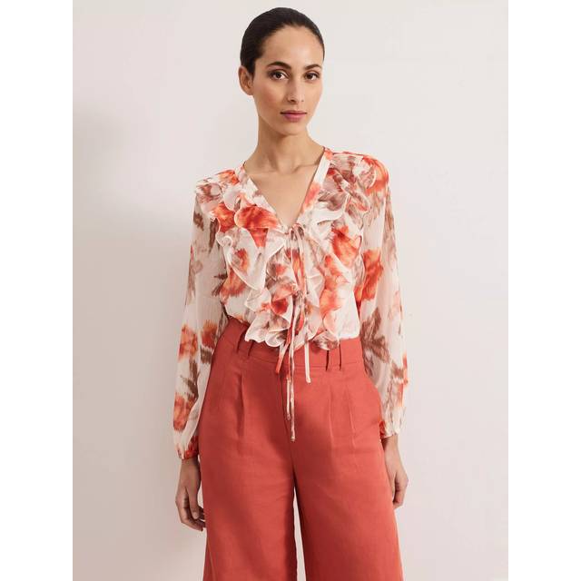 Phase Eight Ivana Floral Ruffle Blouse, Orange/Multi