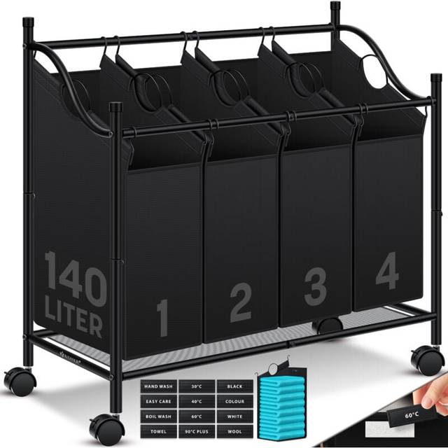 KESSER® Tvättkorg, tvättsorterare med 4 avtagbara tygpåsar | 4 fack x 35 liter | tvättlåda med 12 tvättinstruktioner, 360° hjul med broms, tvättsorteringssystem, tvättvagn, svart