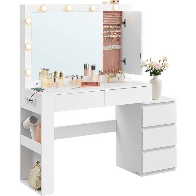 VASAGLE sminkbord med LED-belysning, sminkbord med spegel, smyckeskåp, uttagslist, 40 x 125 x 140 cm, kosmetikbord med lådor, modernt, molnigt vitt RDT127W01