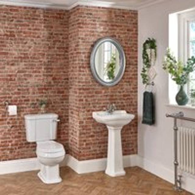 Richmond - White Traditional Ceramic Close Coupled Toilet and Full Pedestal Bathroom Basin Sink with One Tap Hole - Milano