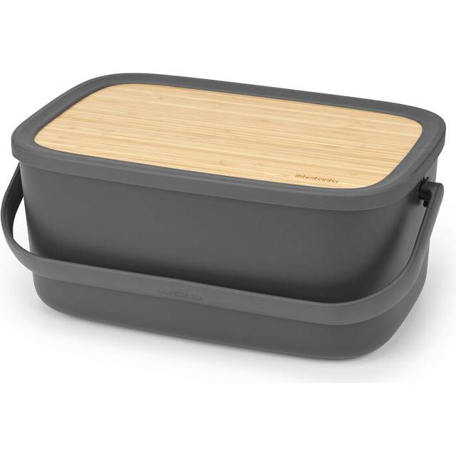 Brabantia Large Bread Bin with Wooden Serving Board and Handle - Dark Grey