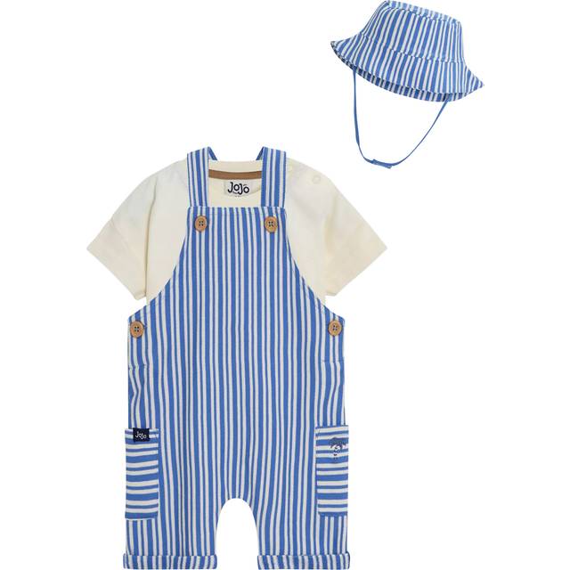 JoJo Maman Bébé Baby Stripe Dungarees, T-Shirt and Hat Set, Blue/White
