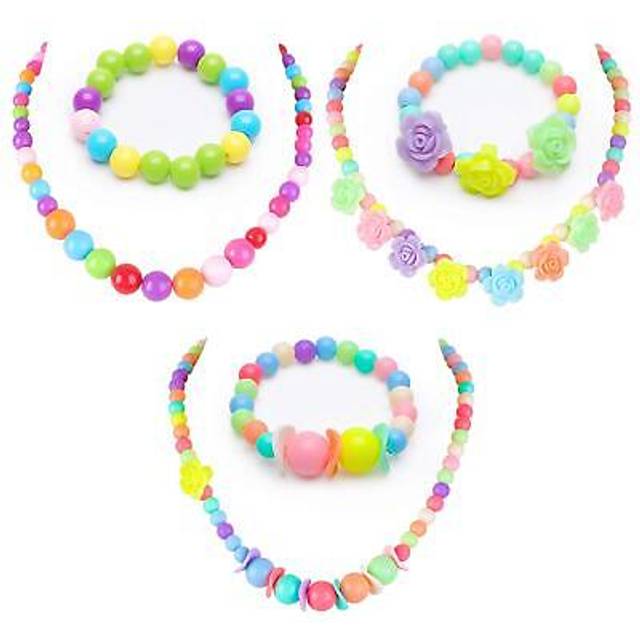 BigOtters Little Girls Necklace Bracelet 3 Sets Lovely Colorful Beads Jewelry Princess Dress up for Toddlers Kids Gift Pretend Play Party Favors