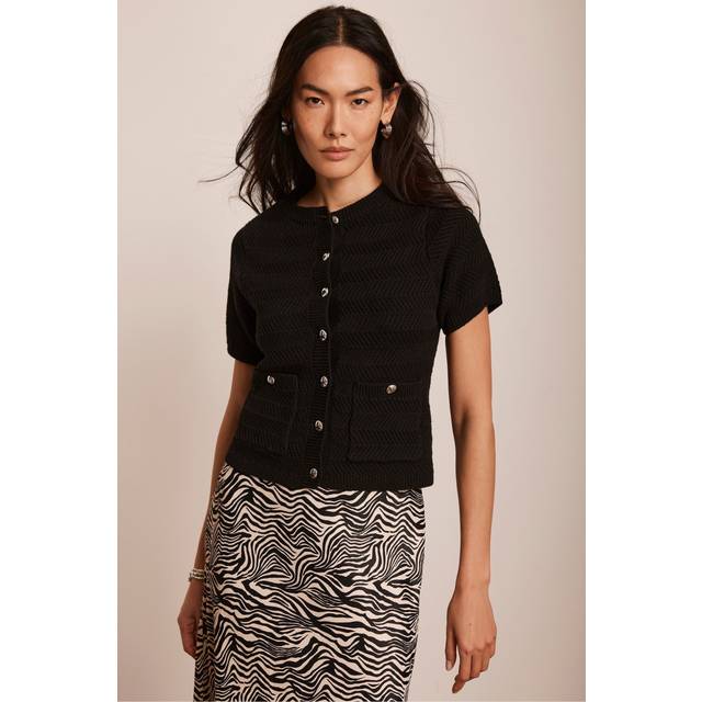 Mint Velvet Textured Pockets Short Sleeve Cardigan, Black