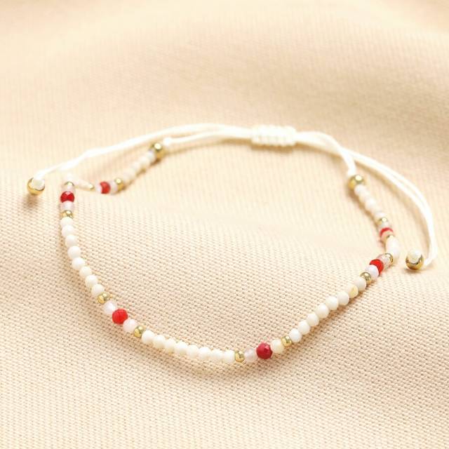 Pull Cord White and Red Beaded Bracelet - red/clear/white - one size