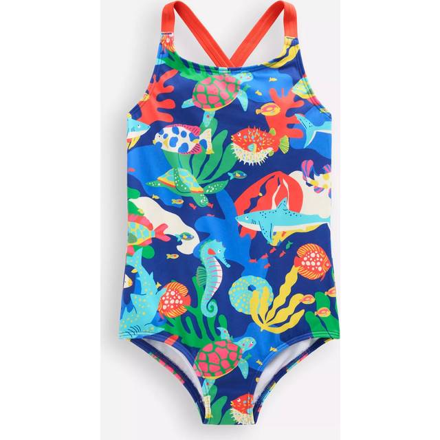 Mini Boden Kids' Cross Back Printed Swimsuit, Blue Reef