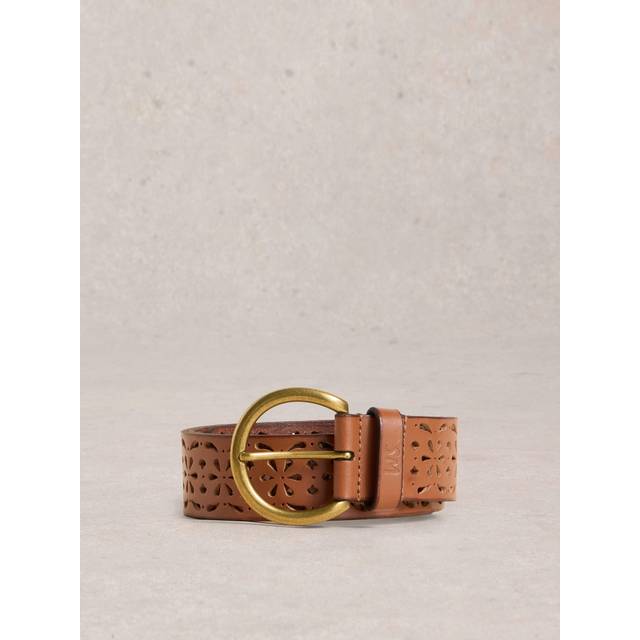 White Stuff Floral Cut Out Leather Belt, Mid Tan