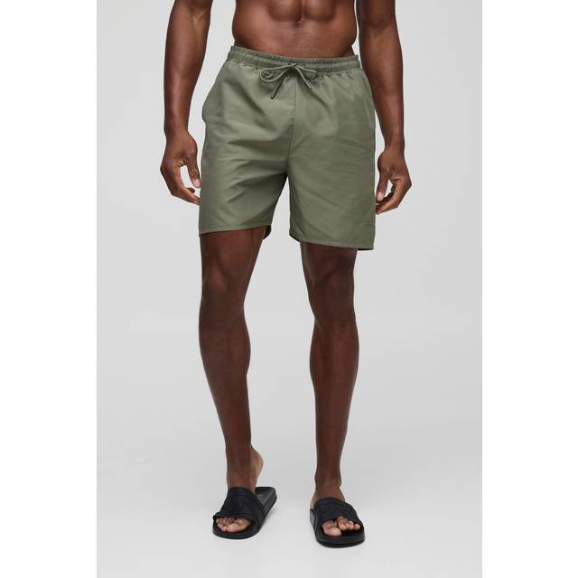 Branded Mid Length Swim Short in Khaki - Green - S